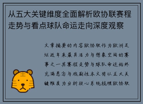 从五大关键维度全面解析欧协联赛程走势与看点球队命运走向深度观察