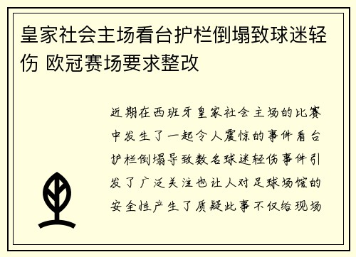 皇家社会主场看台护栏倒塌致球迷轻伤 欧冠赛场要求整改 皇家社会主场看台护栏倒塌致球迷轻伤 欧冠赛场要求整改